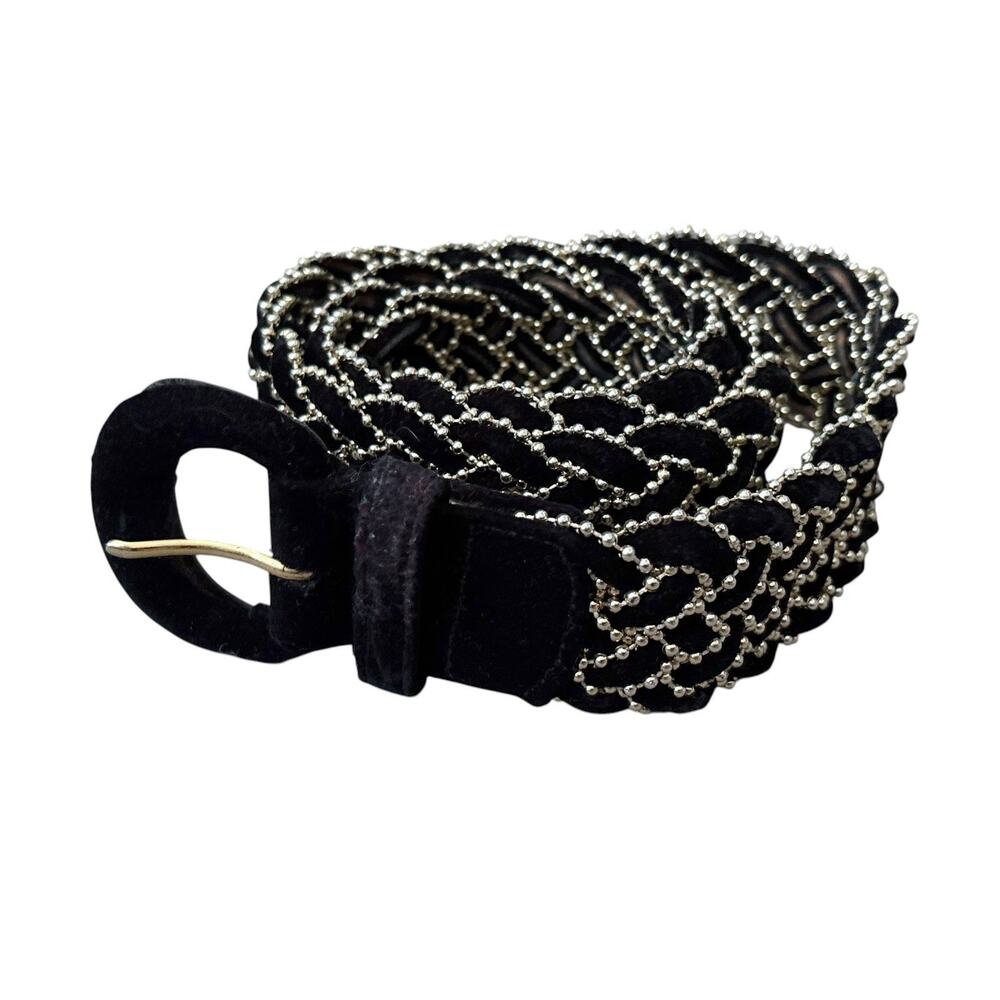 Amanda Smith Belt Womens M/L Black Braided Velvet Gold Beaded Statement